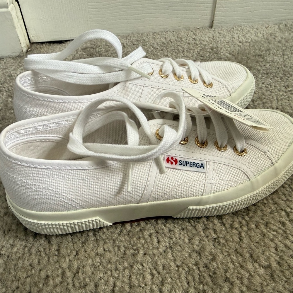 Superga Cota White Canvas Low-Top Sneakers with Gold Eyelets